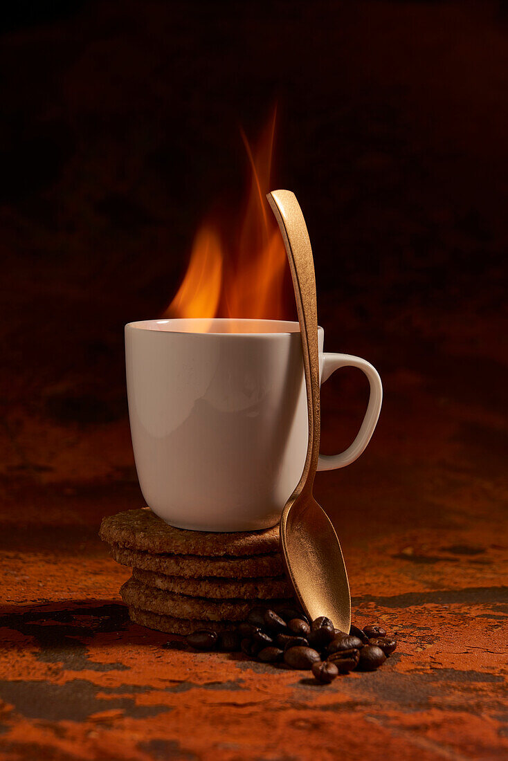 Keramikbecher mit heißem aromatischem Getränk mit Feuer und Löffel auf der Oberfläche neben einem Haufen frisch gebackener Haferflockenkekse