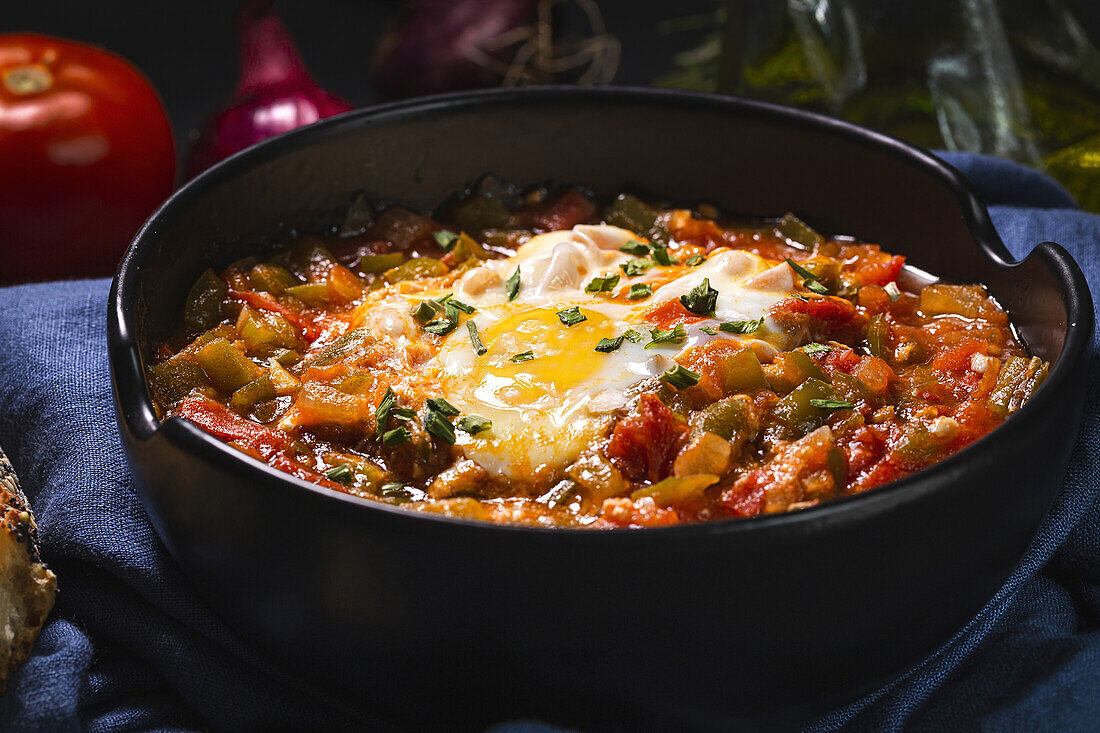 High angle of appetizing traditional Spanish dish made of egg and assorted vegetables and served in bowl on table