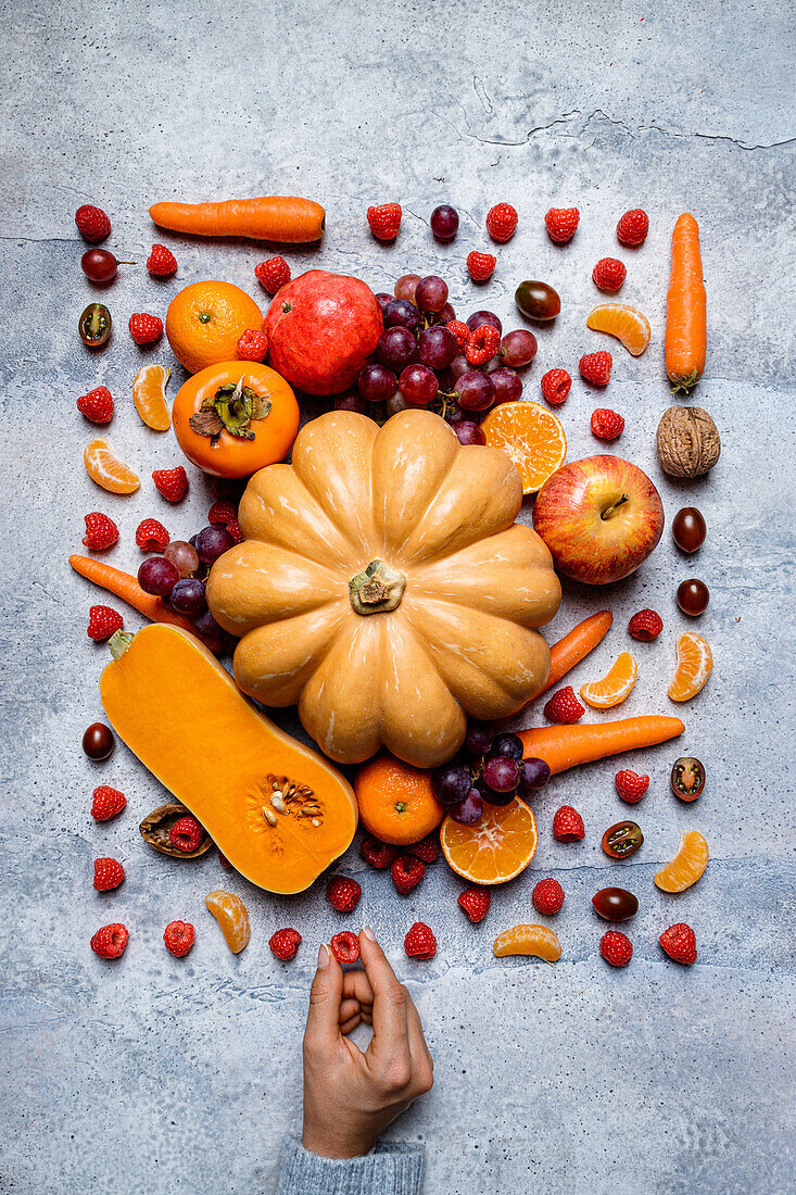 Hand mit Stillleben aus verschiedenen Herbstgemüsen, Kürbissen, Äpfeln, Kaki, Mandarinen, Trauben und Haselnüssen von oben