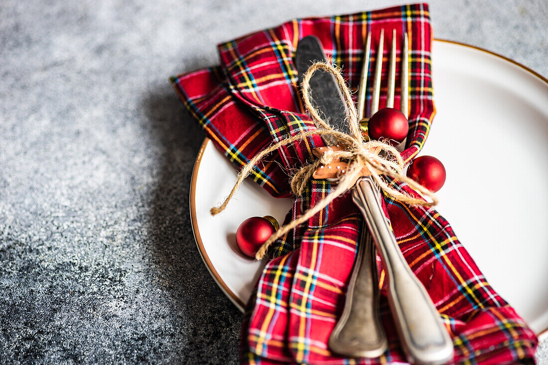 Christmas holiday dinner set on concrete table