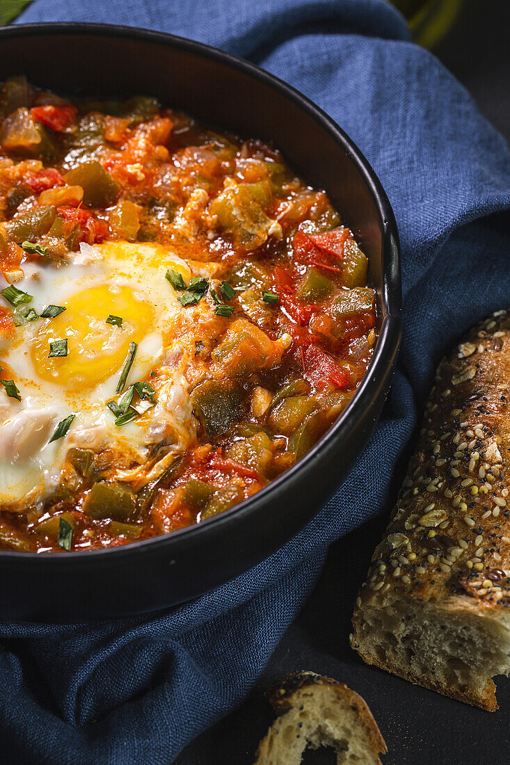 Blick von oben auf ein appetitliches traditionelles spanisches Gericht aus Ei und verschiedenen Gemüsesorten, das in einer Schüssel auf dem Tisch serviert wird