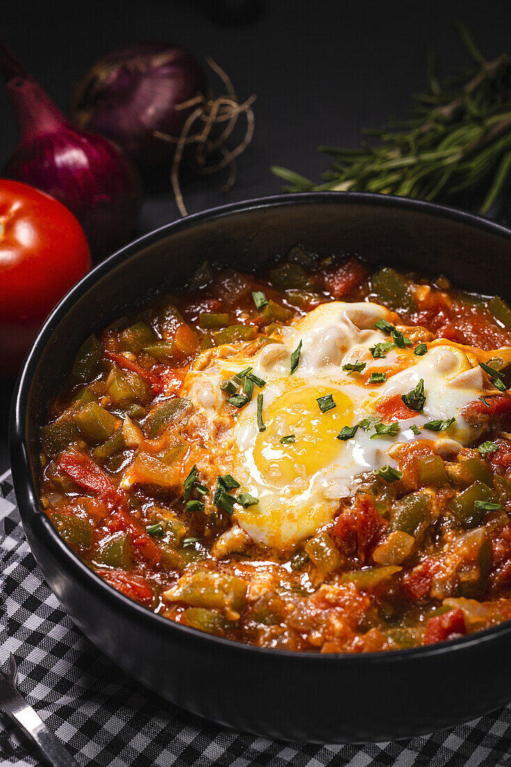 High angle of appetizing traditional Spanish dish made of egg and assorted vegetables and served in bowl on table