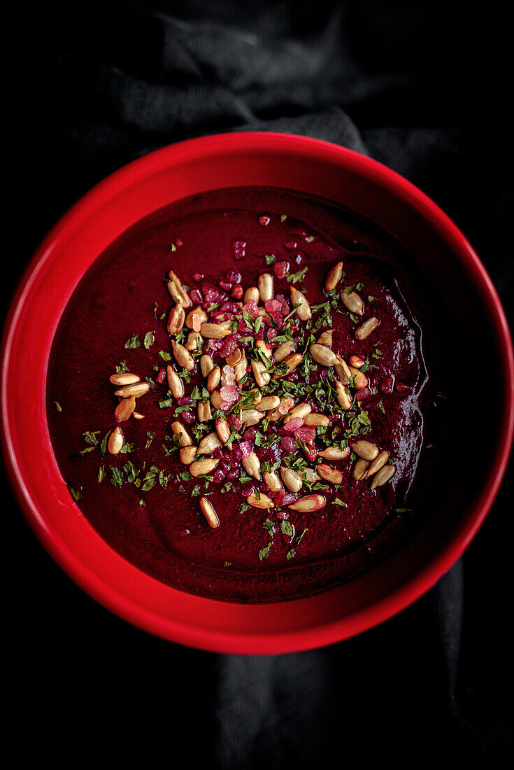 Healthy beet soup. borscht. Flat lay. From above. detox