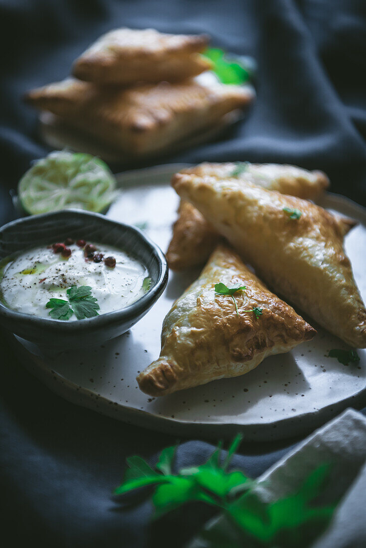 Puff pastry triangles served on plate near squeezed lime and bowl of cream cheese on dark drapery