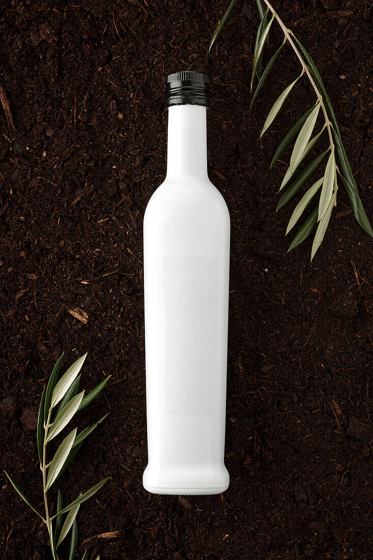 Top view of white blank bottle placed on black soil near olive branches