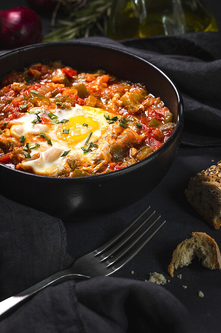 High angle of appetizing traditional Spanish dish made of egg and assorted vegetables and served in bowl on table