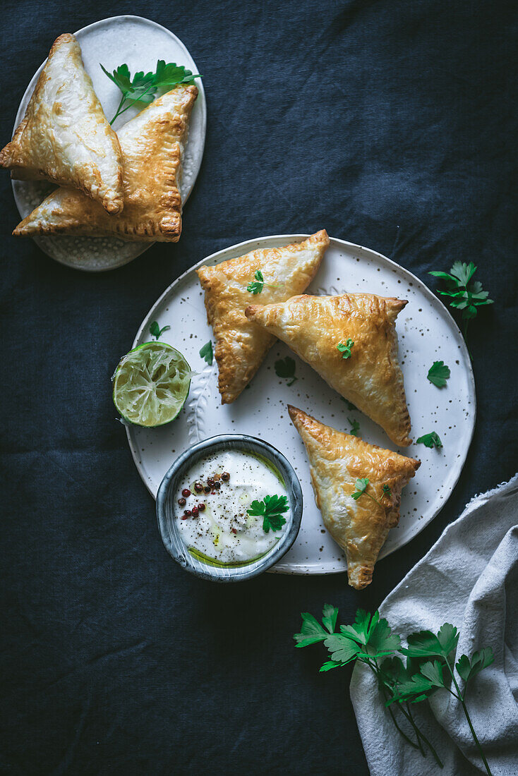 Top view of puff pastry triangles served on plate near squeezed lime and bowl of cream cheese on dark drapery