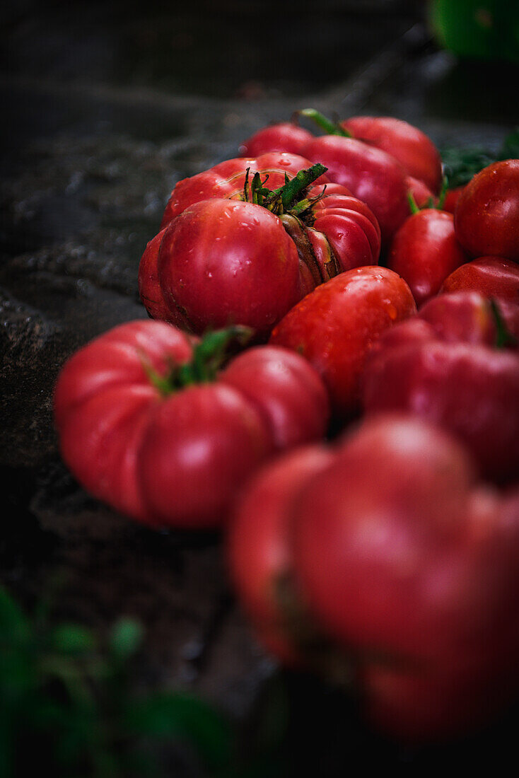 Diverse frische Tomaten auf schwarzem Brett