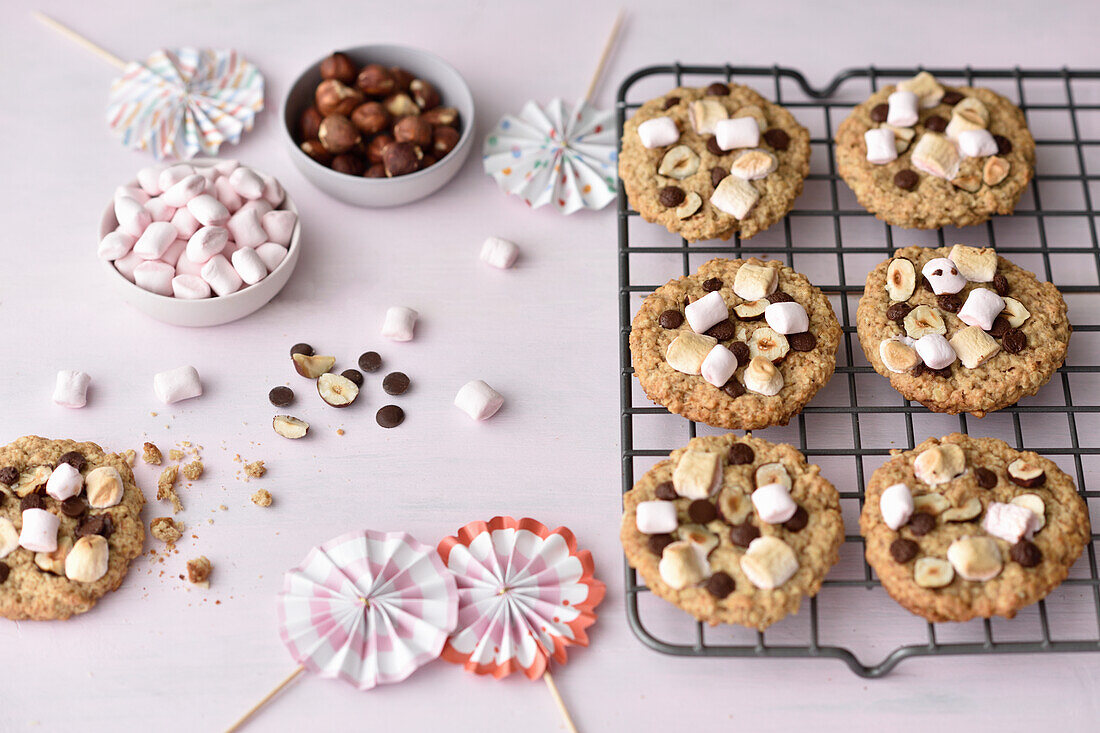 Oatmeal biscuits with chocolate, marshmallows and hazelnuts