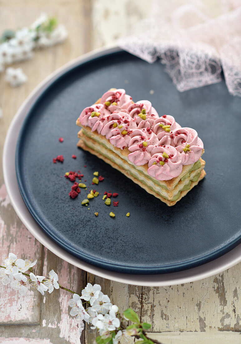 Vegan mille feuille with pistachio cream and raspberry cream