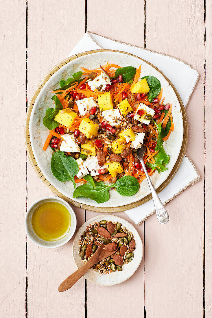 Lentil and carrot salad with mango and feta
