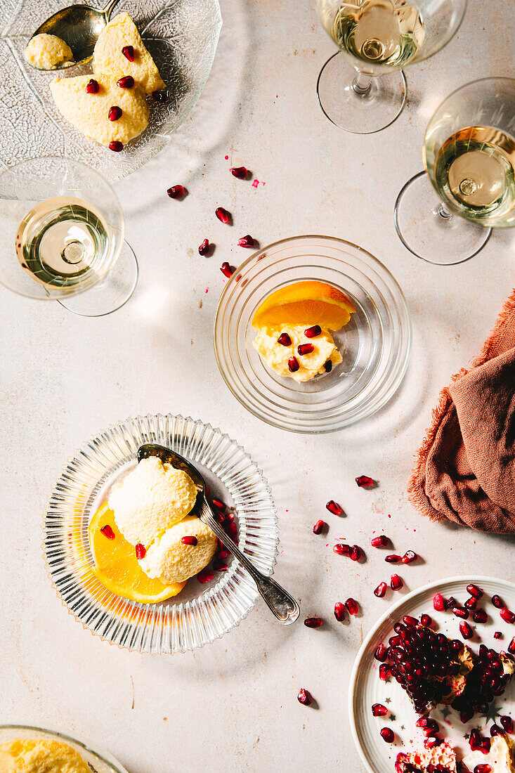 Wine cream mousse with pomegranate and orange