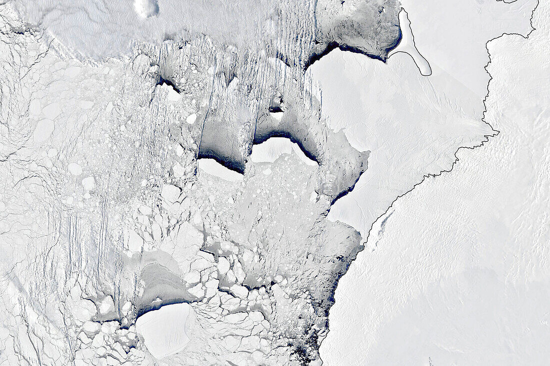 Drift of Antarctic icebergs, satellite image