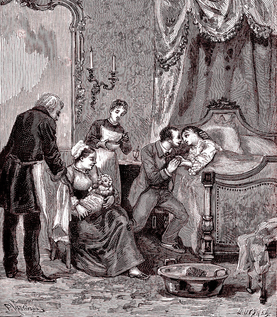 Aftermath of childbirth, 19th century illustration