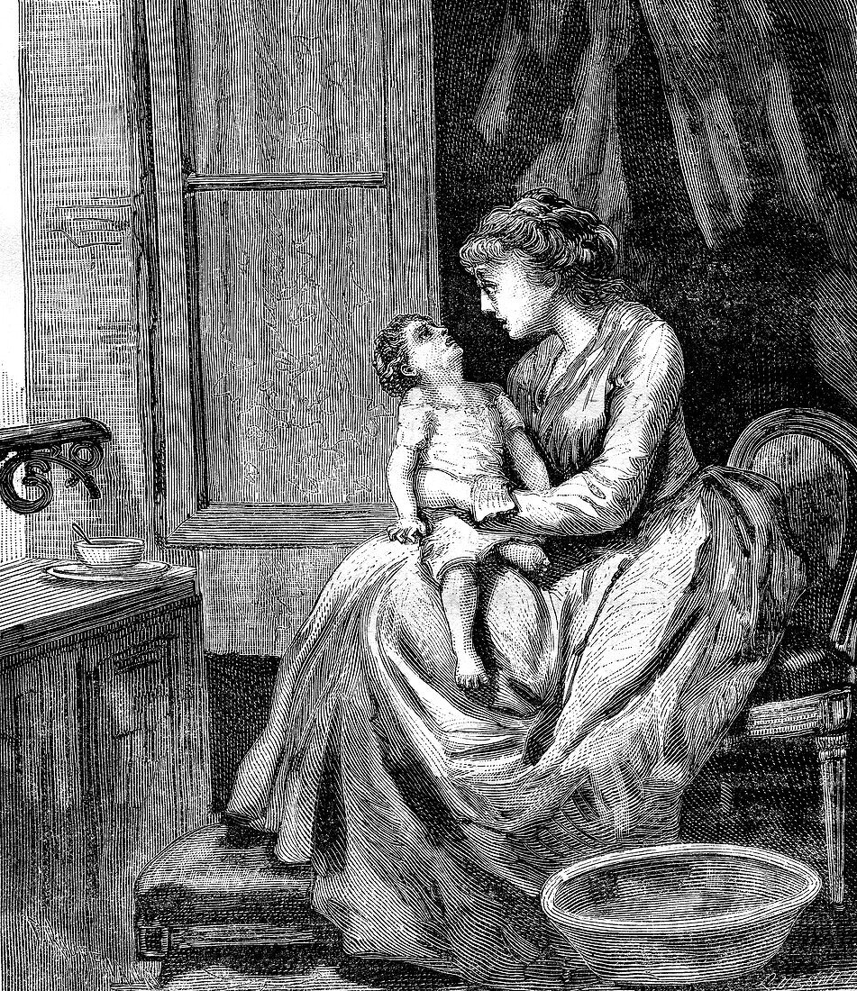 Child with croup, 19th century illustration
