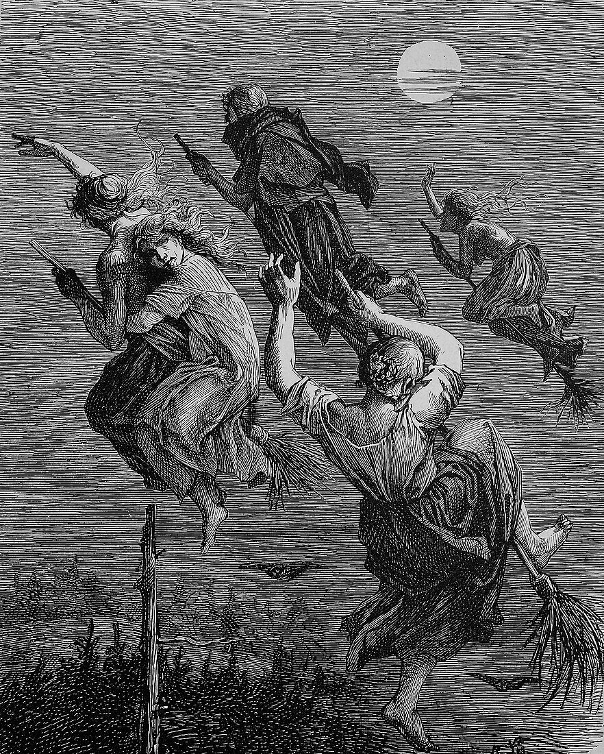 Witches riding on brooms, illustration