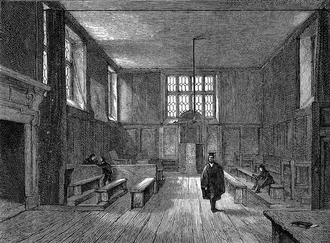 Old schoolroom of Harrow, illustration