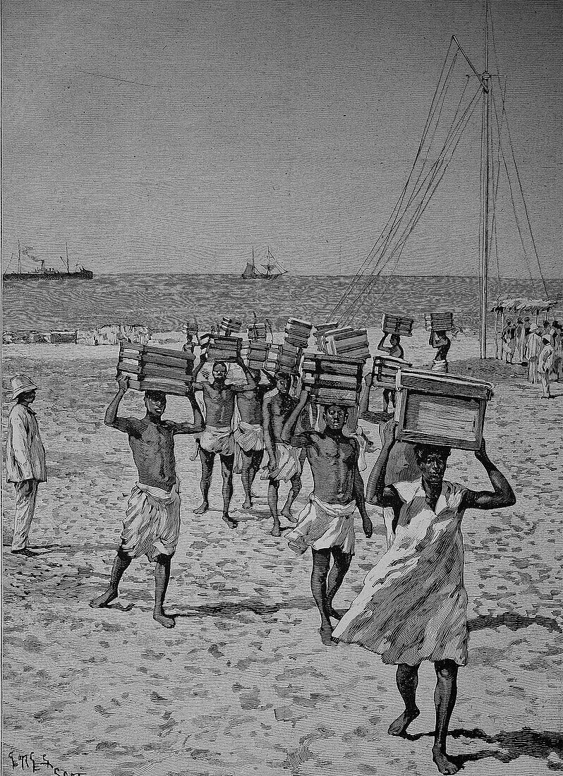 Unloading ship, 19th century illustration