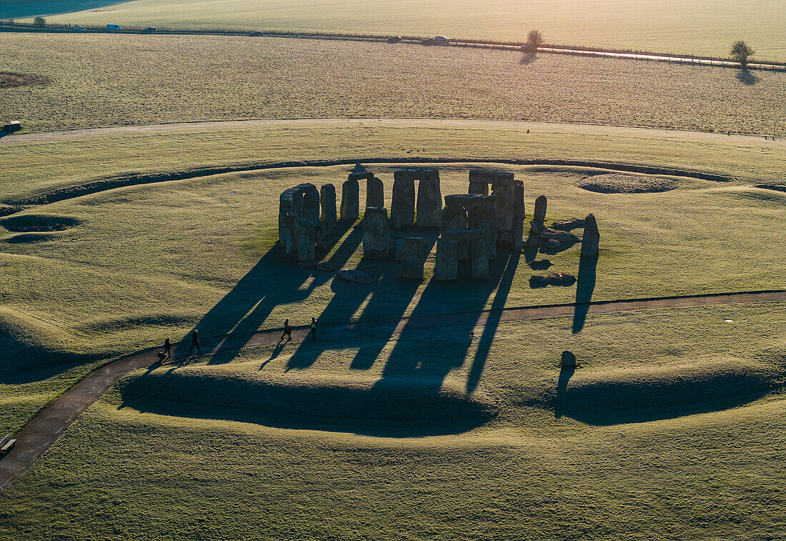 Aerial view of Stonehenge in morning light, Wiltshire, UK