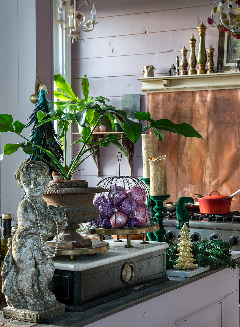 Kitchen decorated for Christmas with antique charm