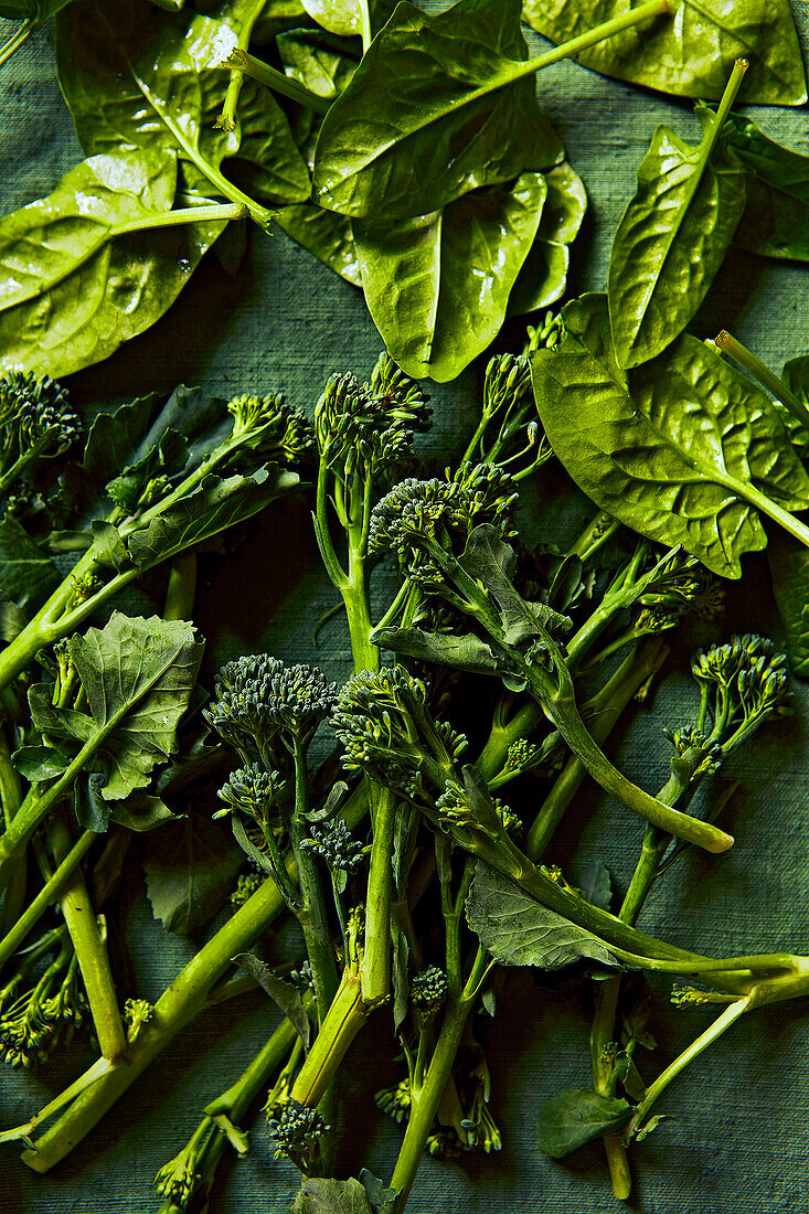 Spinach leaves and broccolini on a green surface