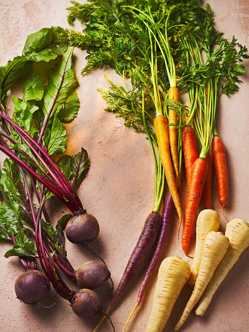 Beetroot, colourful carrots and parsnips