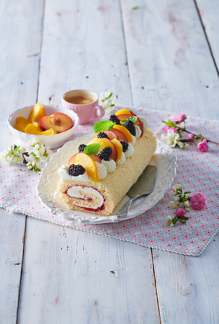 Sponge roll with mascarpone cream and summer fruit