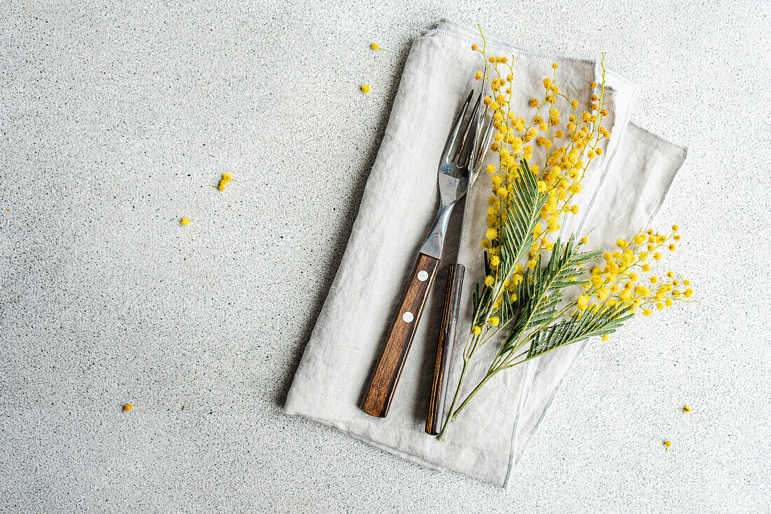 Wooden cutlery and mimosa branches (Acacia dealbata) on a grey concrete surface