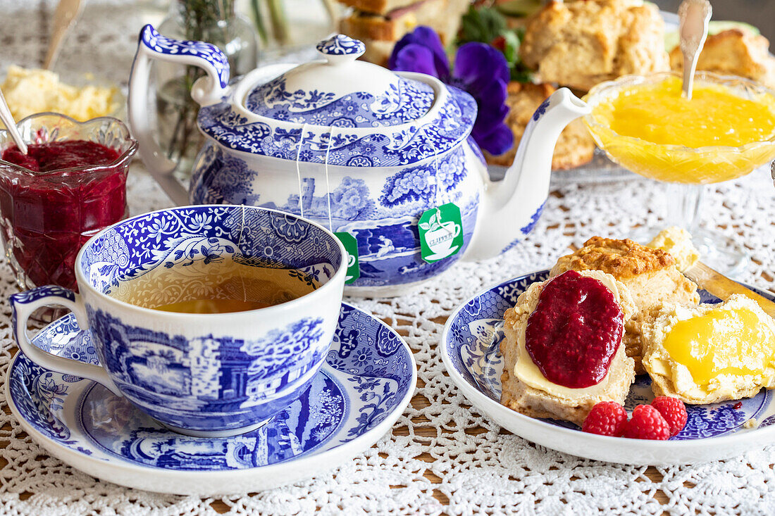 English tea with scones, clotted cream and jam