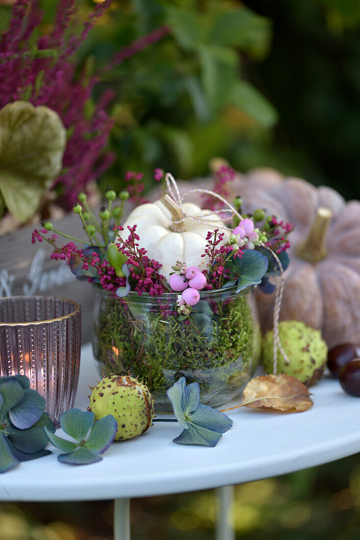 Herbstliches Arrangement mit Mini-Kürbis, Erika (Calluna), Schneebeeren (Symphoricarpos), Kastanien, Hortensienblüten und Windlicht auf Gartentisch