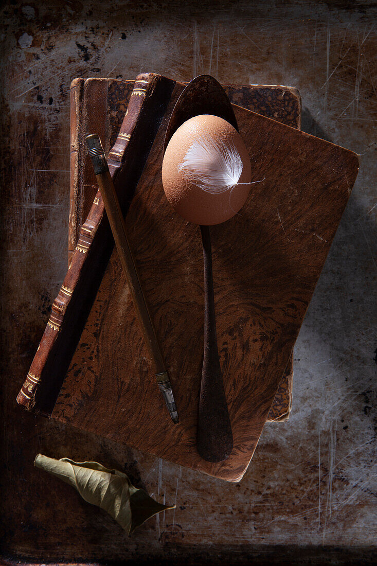Still life with egg, antique books, spoon and feather