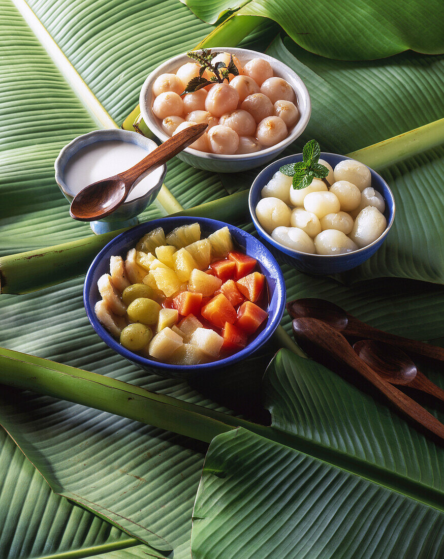 Fruit salad with pineapple, mango, lychee, watermelon and grapes