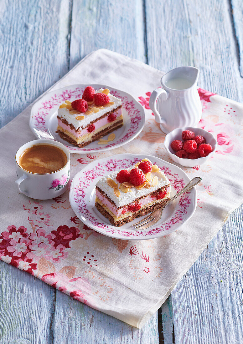 Coconut and raspberry mousse slices