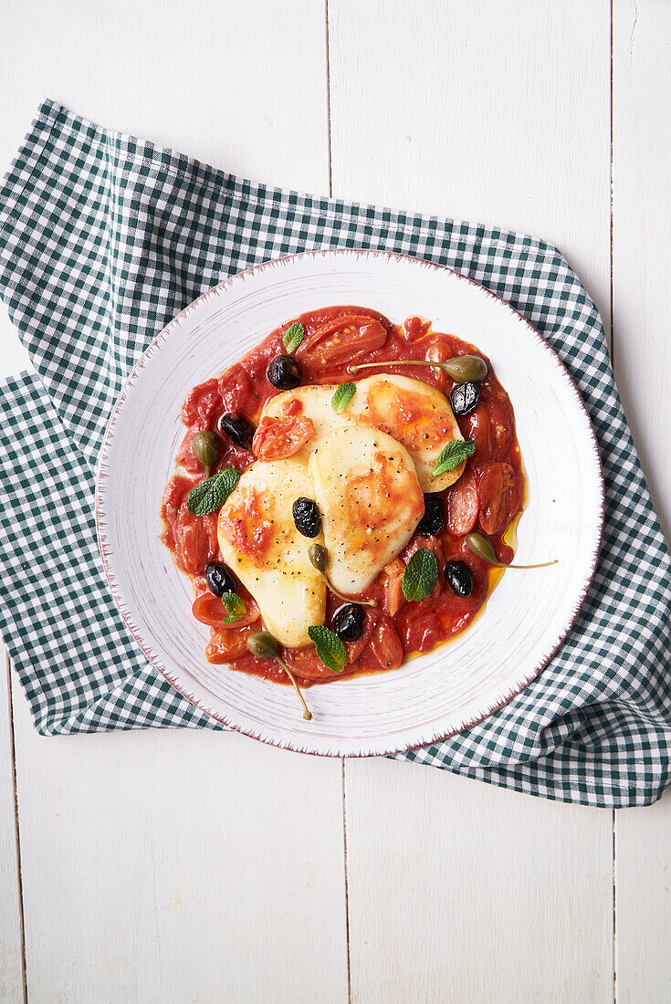 Provola mit Oliven und Kapern auf Tomatenragout