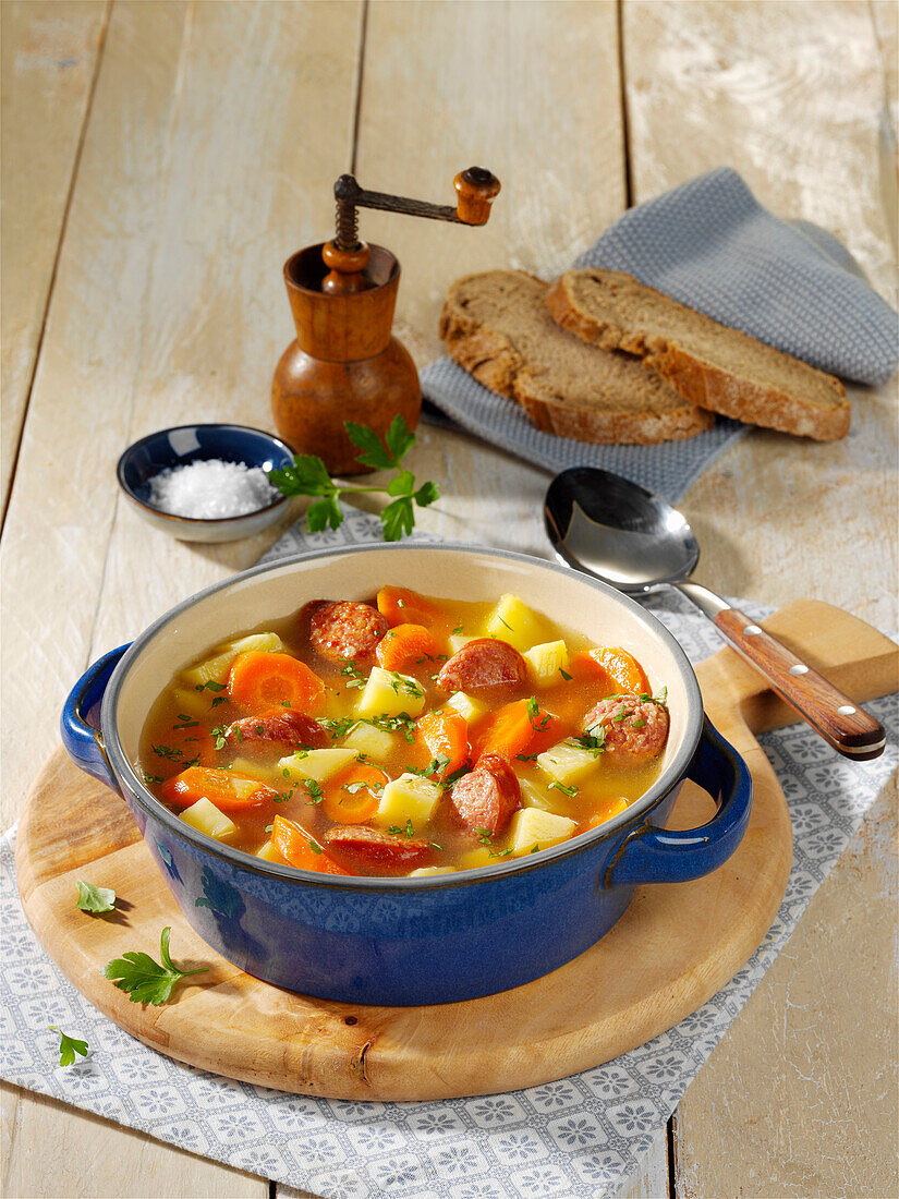 North German carrot stew with potatoes and mettwurst sausages