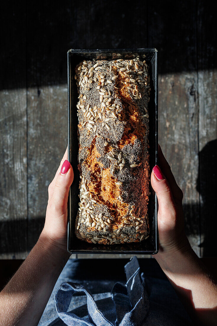 Freshly baked wholemeal bread with seeds