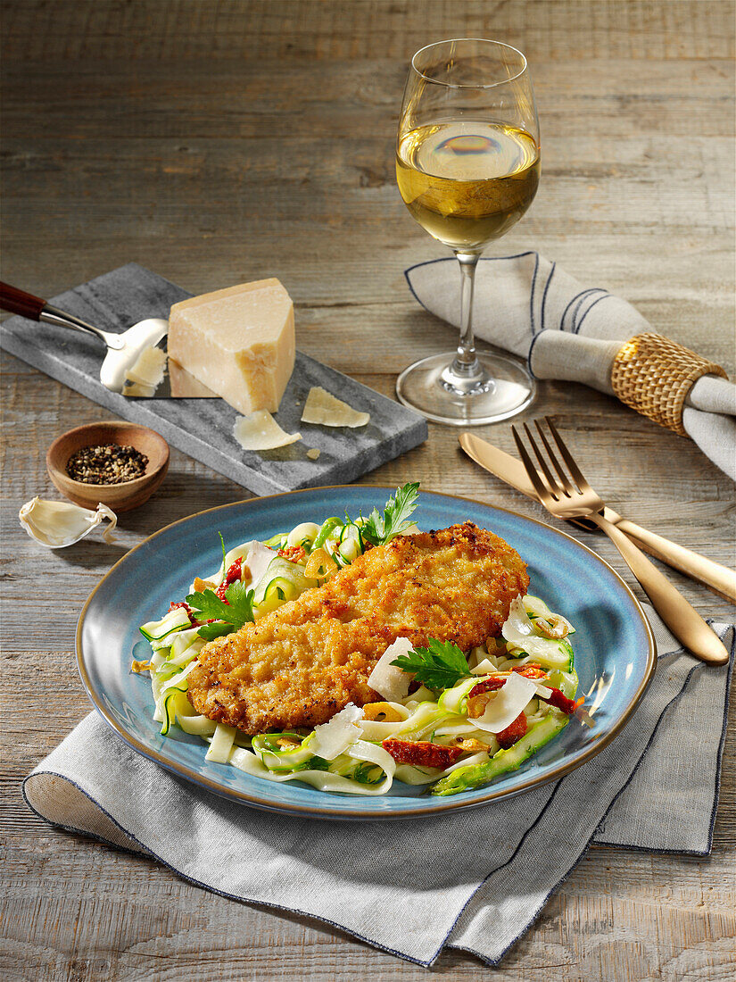 Breaded pork schnitzel with noodles, asparagus and courgette