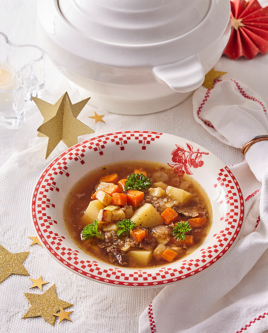 Buckwheat soup with dried mushrooms and vegetables