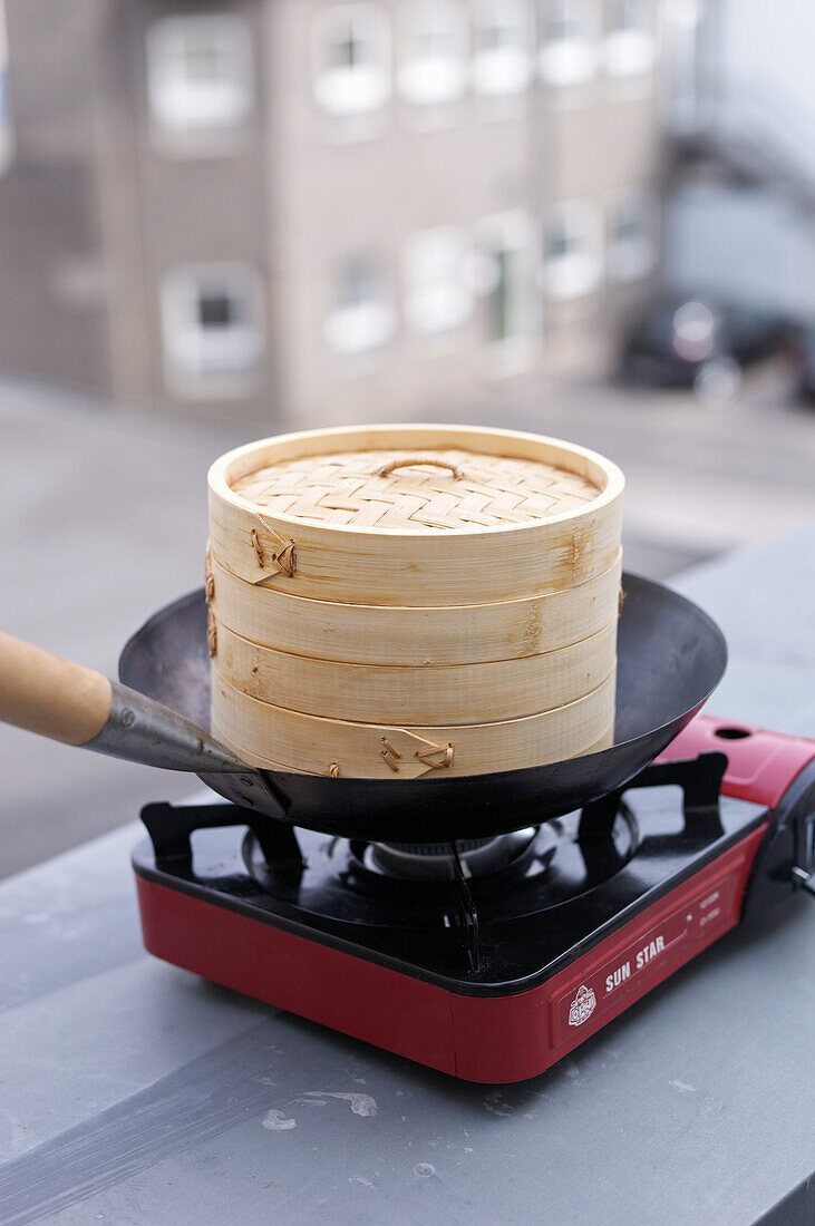 Guabao bread in a steamer basket