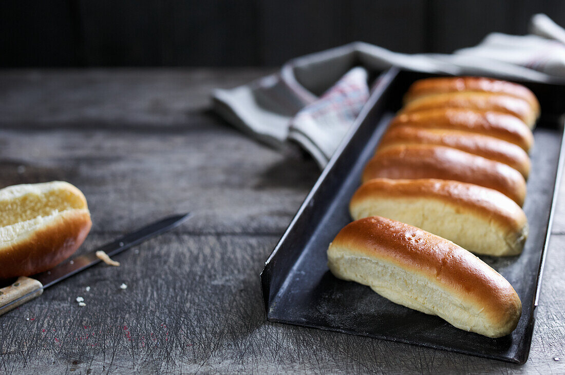 Freshly baked hot dog rolls