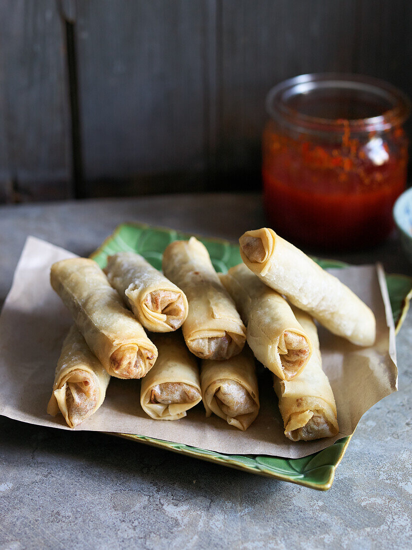 Asian spring rolls with sweet and sour sauce