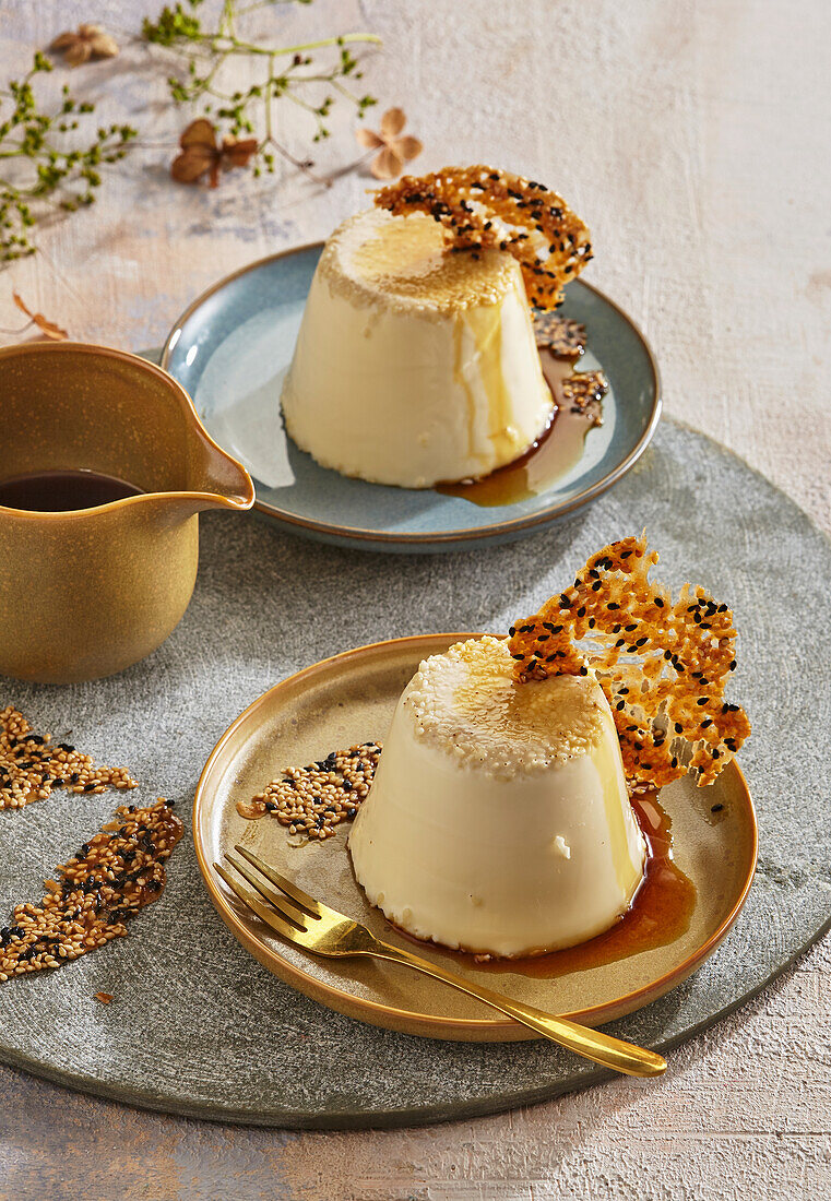 Panna cotta with caramel sauce and sesame brittle