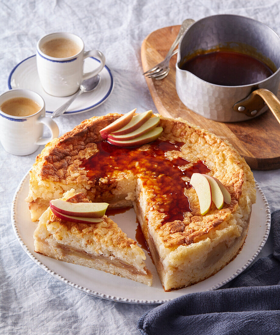 Baked rice pudding casserole with apple slices and cinnamon