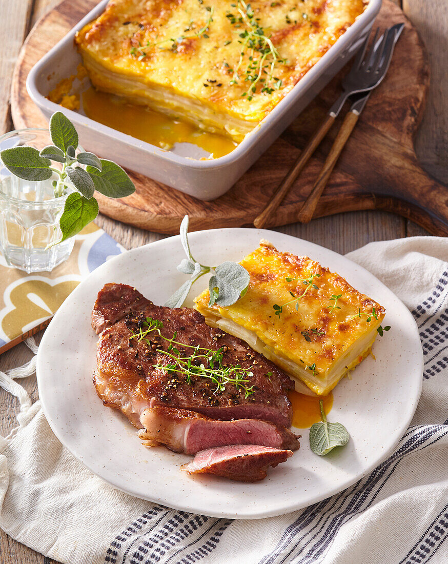 Beef steak with pumpkin and parsnip gratin