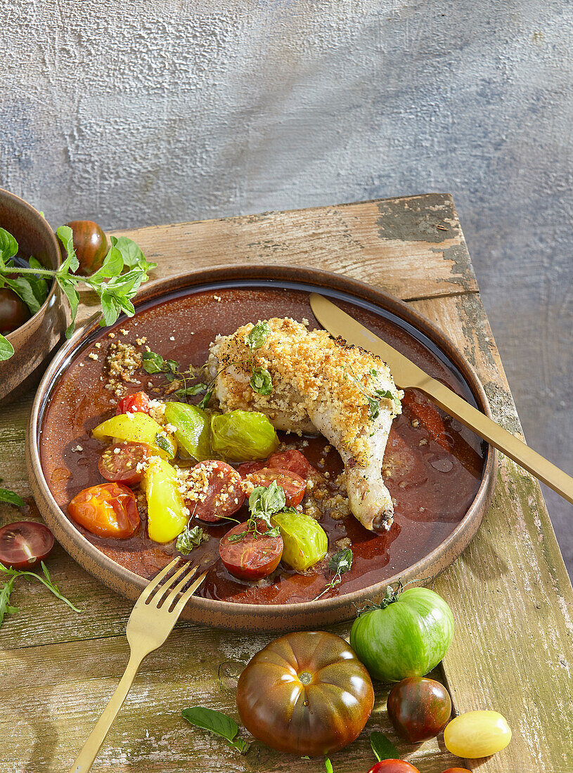 Roast chicken leg with saffron, almonds and tomatoes