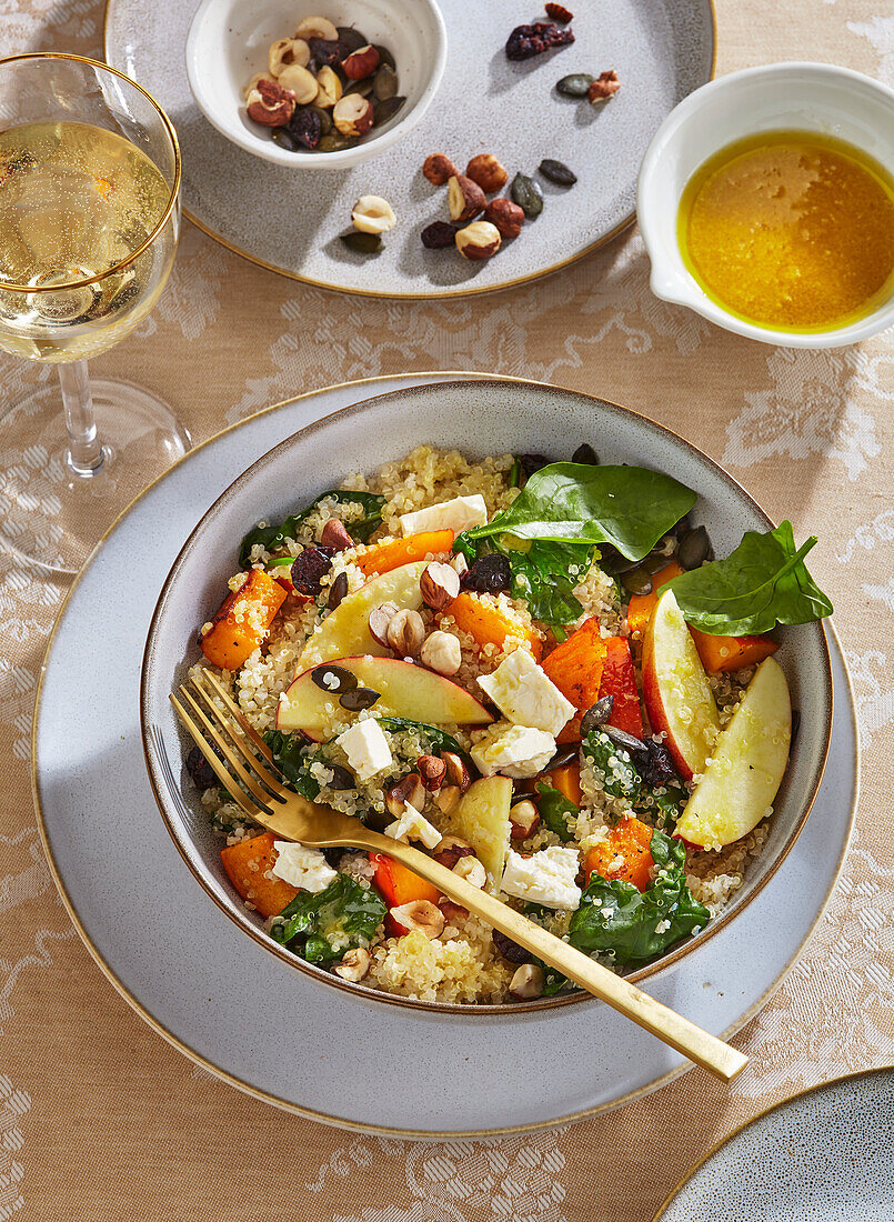 Quinoa salad with pumpkin, apple and feta cheese