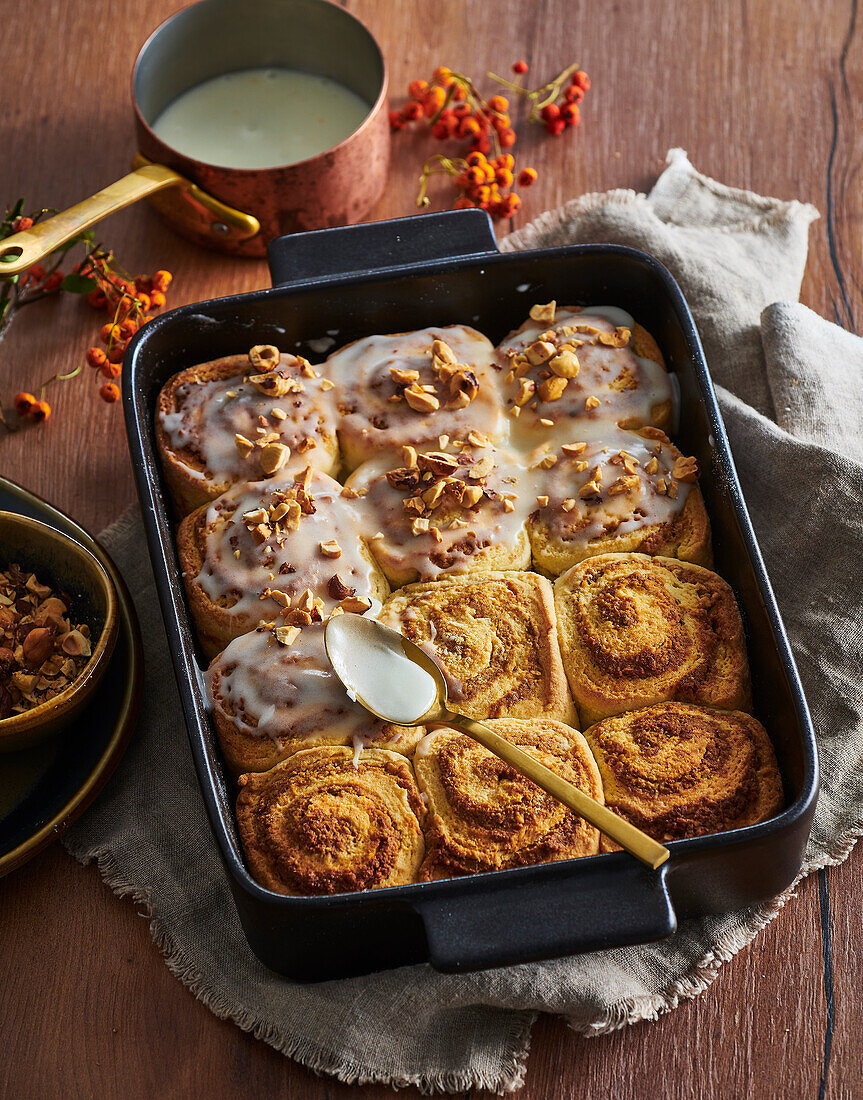 Potato dough walnut buns with rum glaze