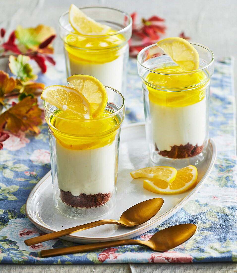 No-bake lemon cheesecake in a jar with biscuit base