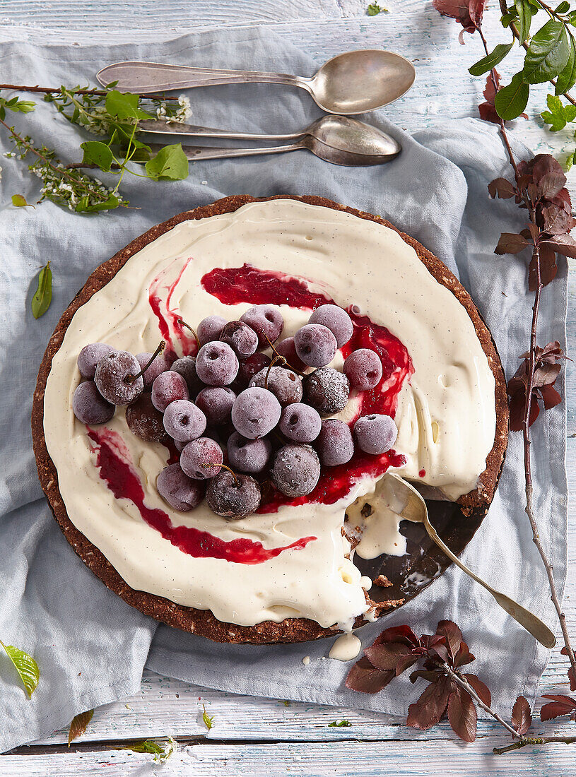 No-bake ice cream cake with sour cherries and chocolate base