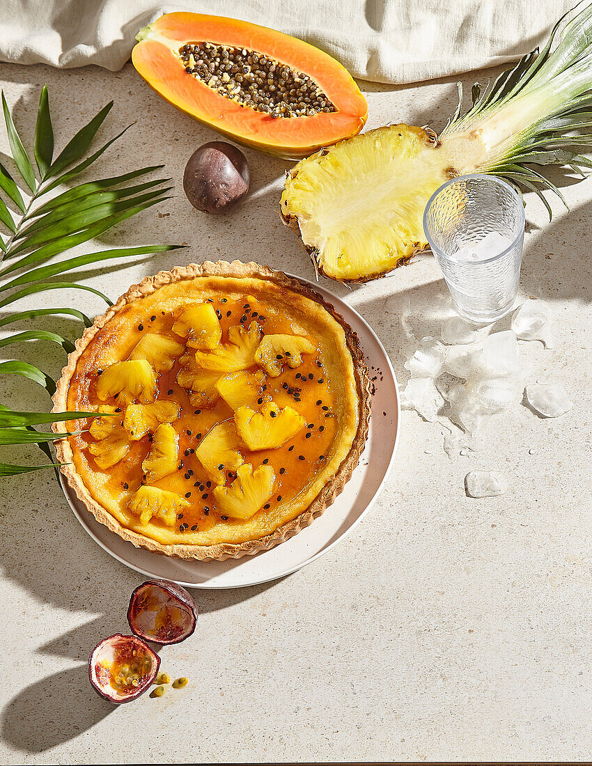 Fruity pineapple tart with caramel and passion fruit